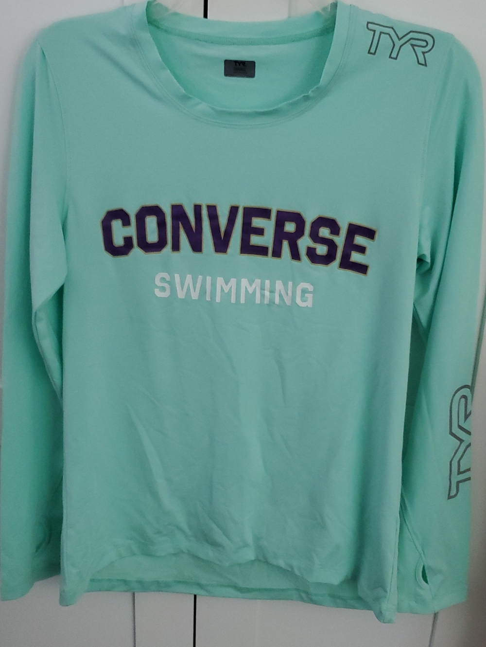 TYR Mint Green Long Sleeve Swim Top with Purple and White Accents